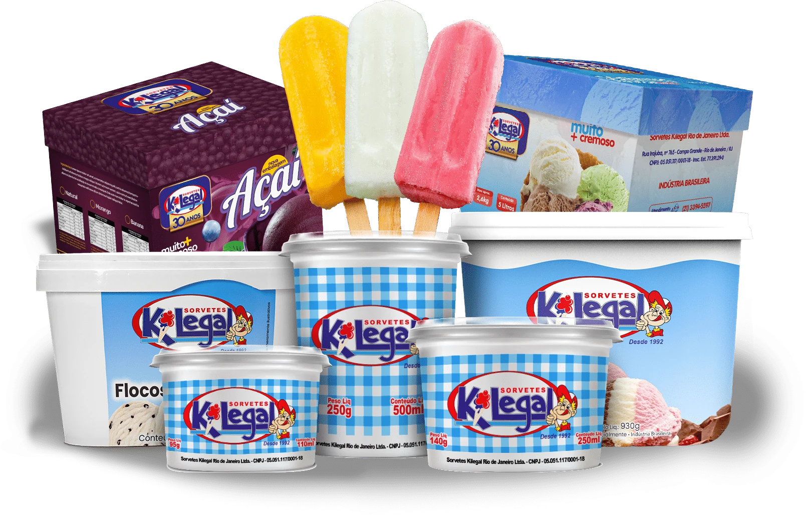 Linha completa de produtos KiLegal: potes, caixas de açaí e de sorvete e picolés